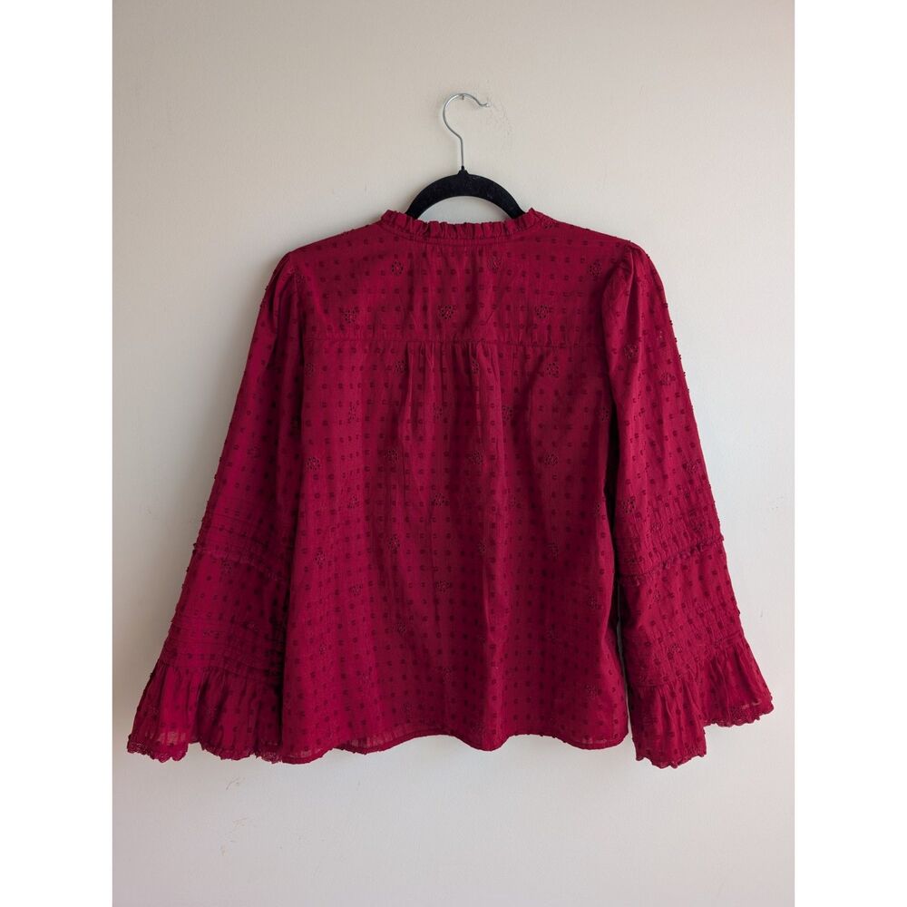 LOFT Burgundy Eyelet Blouse Ruffle Neck Bell Sleeve Red Fall Staple SMALL